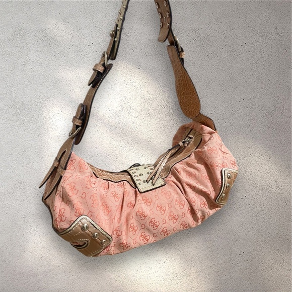 RARE Vintage Y2K Guess Orange Monogram Studded Hobo Shoulder Bag - Picture 3 of 10